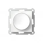 Moderni valkoinen pyöreä LED-himmenninkytkin neliömäisellä metallilevyllä kulmaruuveilla; tyylikäs muotoilu nykyaikaiseen valaistuksen hallintaan.