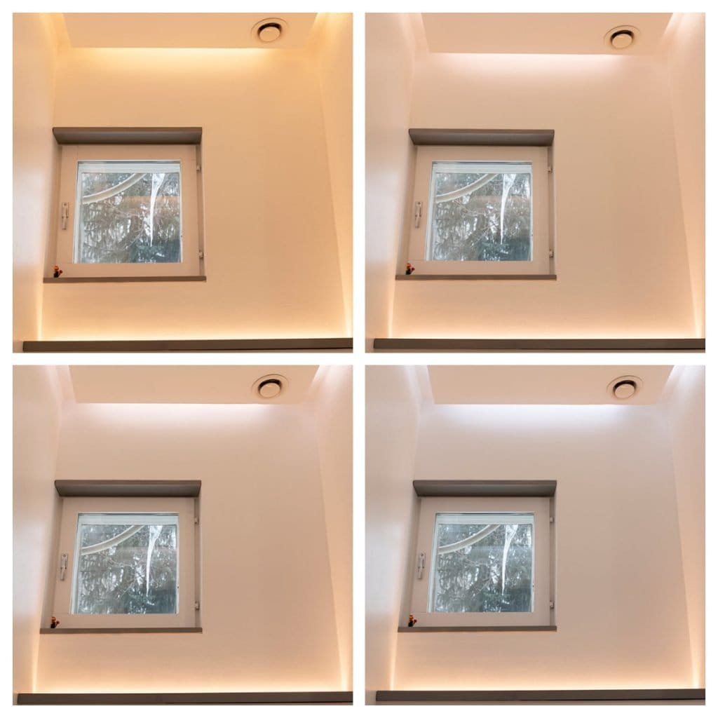 CCT kollaasi kattovalaistus vessassa - LedStore 1. "Huone, jossa on LED-valaistus seinissä ja katossa" 2. "Kotoisa tunnelma pehmeällä, lämpimällä LED-valaistuksella" 3. "Luonnollinen valo ikkunan läpi tehostaen LED-hohtoa" 4. "LED-valaistu huone, jossa on lempeä, tunnelmallinen valaistus