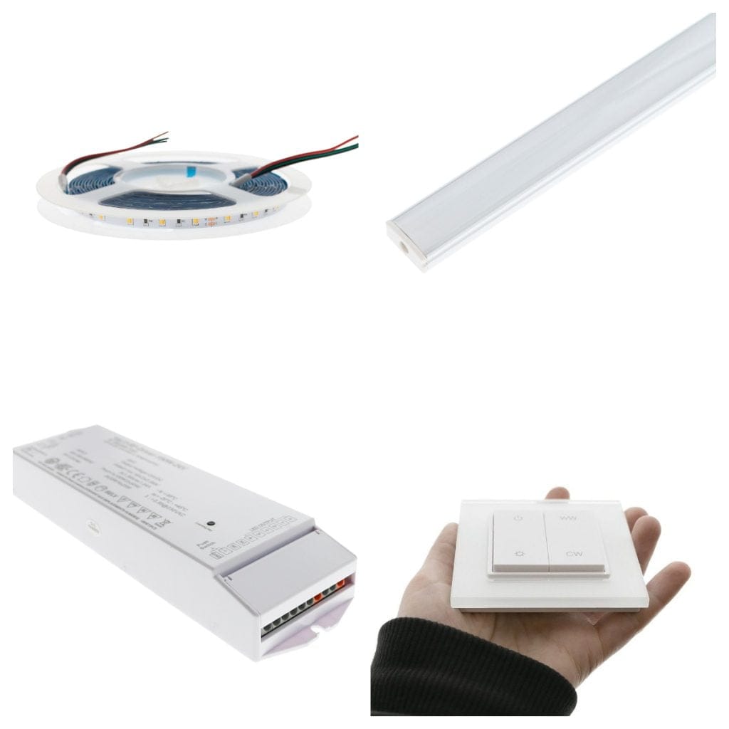 CCT kollaasi vessan remontti blogiin - LedStore Kollaasi: sotkeutunut LED-nauhakela, alumiinikotelo, suorakaiteen muotoinen ohjain, kädessä pitävä nelikulmainen himmentimen kytkin - kaikki keskeiset LED-valaistuskomponentit.