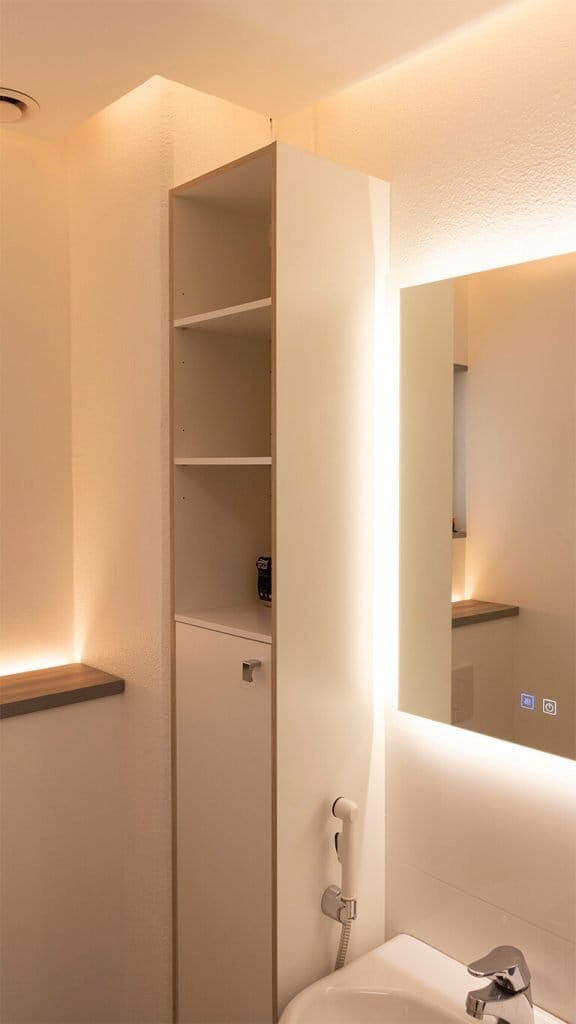 IMG_4385 - LedStore Moderni kylpyhuone, jossa korkea valkoinen kaappi, avohyllyt, taustavalaistu LED-peili pesualtaan päällä valkoisella seinällä ja pehmeä ympäristövalaistus.