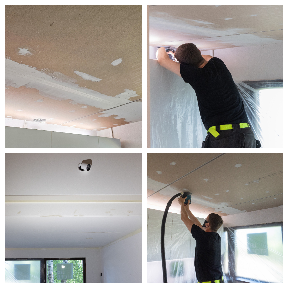 Keittiön kattoremontti 2 kollaasi 4 katto - LedStore Vid renoveringen av belysningen arbetar man med gipsskivor. LedStore.fi