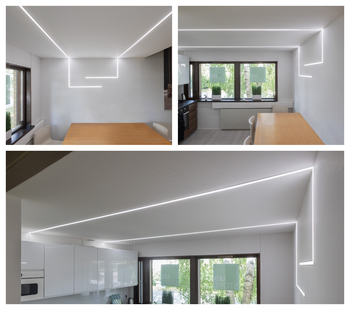 Keittiön kattoremontti 4 kollaasi 3 - LedStore ylesivalaistus led-nauhalla upotettuna kipsikattoon ja seinään