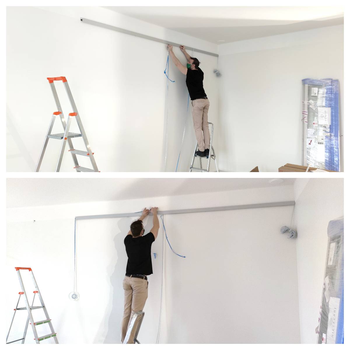 Kollaasi vaaka 2.1 Nikkilä (lisätty valoa) - LedStore Tikkailla oleva henkilö asentaa LED-valaisimen valkoista seinää vasten; sininen kaapeli näkyvissä. Lähellä: toiset tikkaat, pakatut laatikot. Musta paita, beige housupuku.