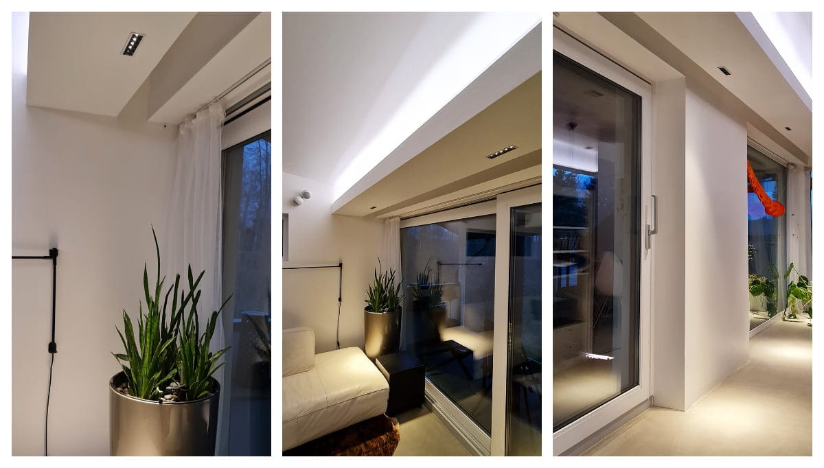 - LedStore Moderni sisustus kasveilla, nojatuoli valkoisten verhojen vieressä; viihtyisä oleskelutila, jossa on LED-valaistu sohva lasiovilla; käytävän ikkunoista avautuvat vihreät näkymät. Lämmin LED-valaistus.