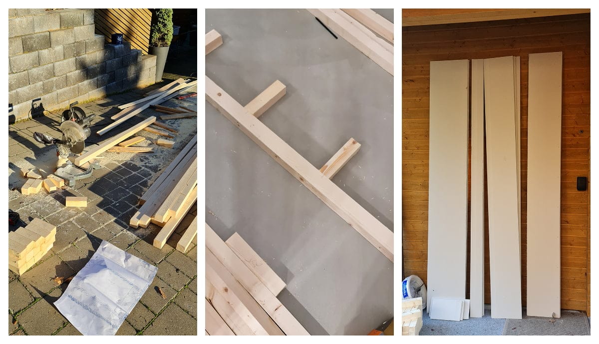 - LedStore Kolmen paneelin kuva puuntyöstökohtauksesta: saha, jossa on hajallaan olevaa puuta, puupalkit betonilattialla ja suuret leikatut laudat puuseinää vasten.