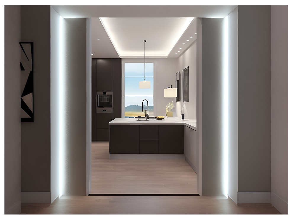 Nykyinen keittiö, jossa on paikassat, tummat kaapit ja keskellä saareke altaalla. Suuri ikkuna tarjoaa näkymän kaukaisiin kukkuloihin. Tilassa on upotettu LED-valaistus ja vaalea puulattia, jotka luovat ilmavan ja avaran tunnelman. Tämä inspiraatio sopivasti moderniin sisustukseen ja takaa energiatehokkaan valaistuksen LedStore.fi:n laajasta valikoimasta.