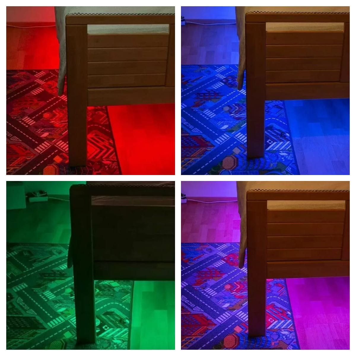 RGB kollaasi lastenhuone - LedStore LED-valaistu puinen sängynjalka kirkkailla lattiaväreillä: punainen ylhäällä vasen, sininen ylhäällä oikea, vihreä alhaalla vasen, violetti alhaalla oikea matolla.