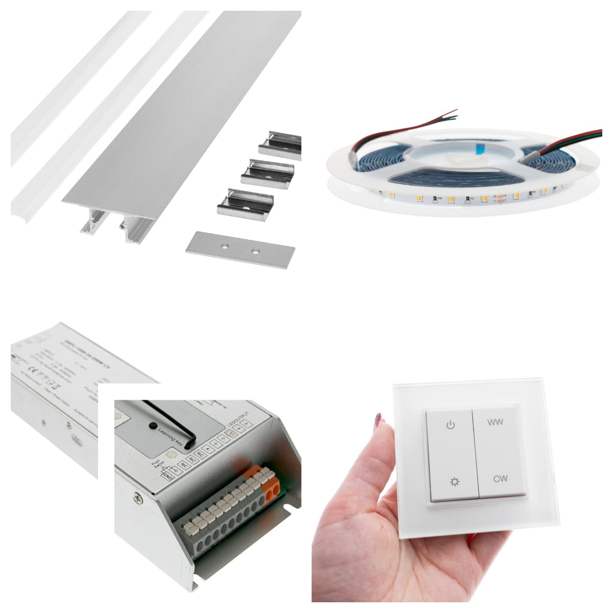 kollaasi nauha muuntaja profiili painike - LedStore Kollaasi LED-nauhavalaistuskomponenteista: alumiinikanavat, kiinnityspidikkeet, LED-rulla, virtalähde ja älykäs kytkin vaivattomaan valaistukseen.