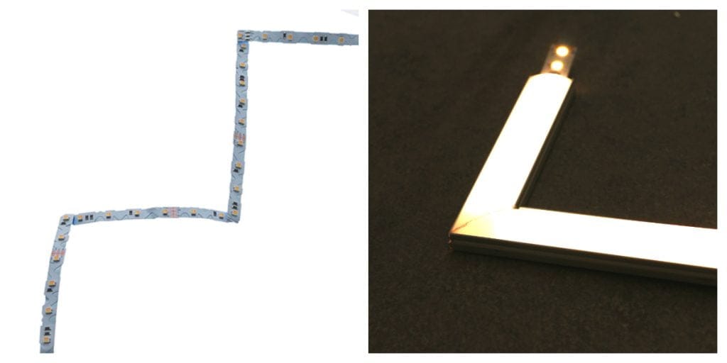 kollaasi profiilijiiri ja bendable - LedStore Vasen kuva: siksak-LED-nauha valkoisella pohjalla. Oikea kuva: LED-nauhan valaistu kulma tyylikkäässä kehyksessä tummalla pinnalla, moderni valaistusmuotoilu.