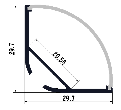 profiili_45_30_mittakuva_Ledstore.fi - LedStore Tekninen piirustus neljännesympyrästä pyöristetyillä ja suorilla reunoilla, LED-valaistu. Mitat: 29,7 (suora), 20,55 (lävistäjä). Mustat/harmaat viivat.