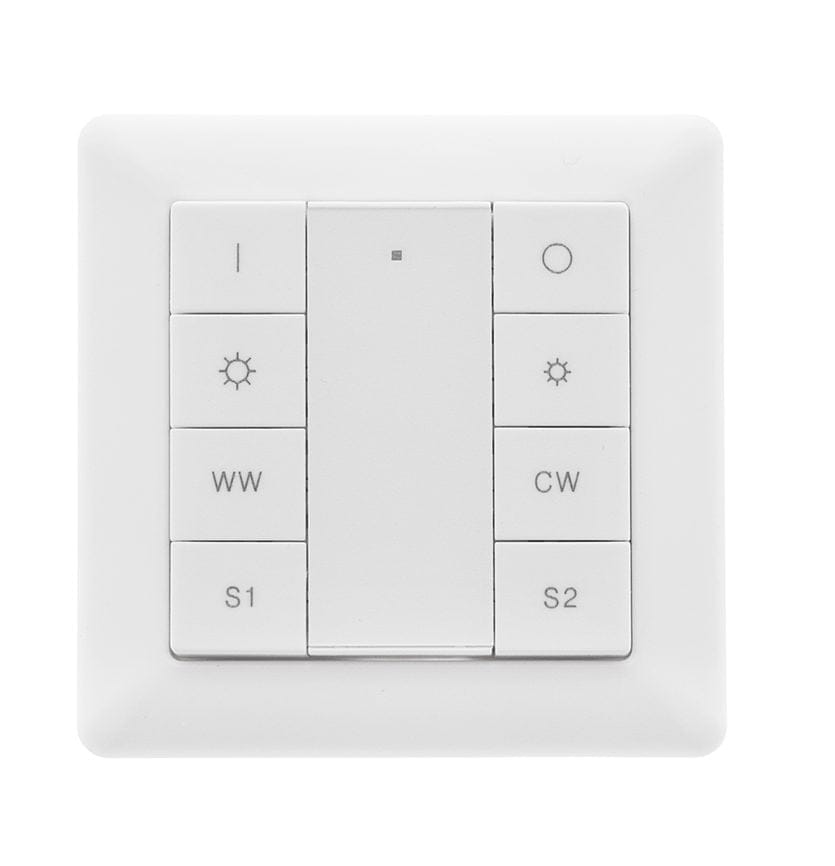 valo-p1cct-zg_edesta - LedStore Valkoinen LED-kytkinpaneeli, jossa on 8 merkittyä painiketta: virta-, kirkkauskuvakkeet, "WW", "CW", "S1", "S2". Minimalistinen muotoilu, täydellinen moderniin valaistuksen ohjaukseen.