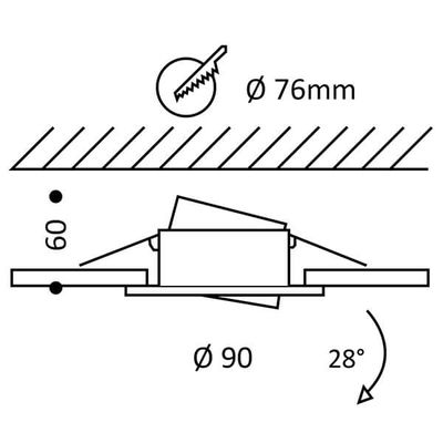 Monteringsschema för LED-lampor: 76 mm öppning, 90 mm diameter, 60 mm djup och 28° vinkel för exakt montering.