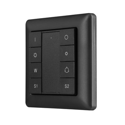 Svart fyrkantig ljusströmbrytare med knappar för ström, ljusstyrka, S1 och S2 på en vit bakgrund - perfekt för installationer med LED-belysningskontroll.