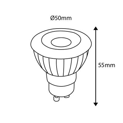 Bild på LED-lampa: diameter 50 mm, höjd 60 mm, sockel GU10. Energieffektiv LED-belysning för hem och företag.
