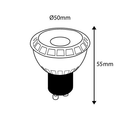 Bild på LED-lampa: diameter 50 mm, höjd 60 mm, sockel GU10. Energieffektiv LED-belysning för hem och företag.