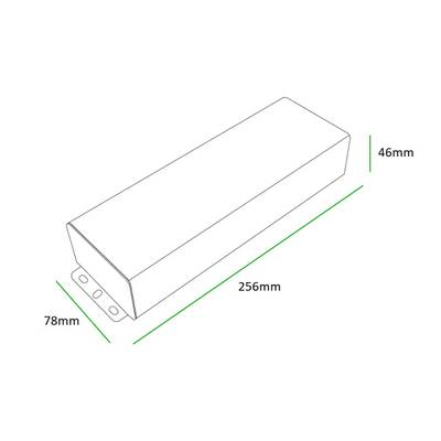 Schematisk bild av en rektangulär låda som är 257 mm lång, 71 mm bred och 48 mm hög, perfekt för förvaringslösningar för LED-belysning.
