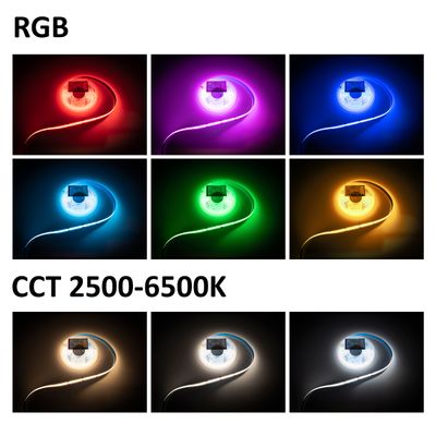 LED-ljusband som visar flera färger och färgtemperaturer; RGB, varmvit, kallvit belysning.