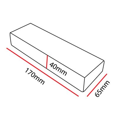 Schematisk bild av en rektangulär låda med optimala mått för LED-belysning: längd 170 mm, bredd 65 mm och höjd 40 mm.