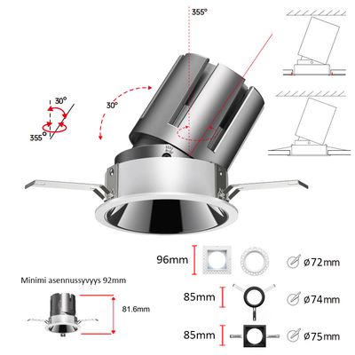 Justerbar infälld LED-downlight, vrid- och lutningsvinklar, takspotlight, mått, installationsscheman