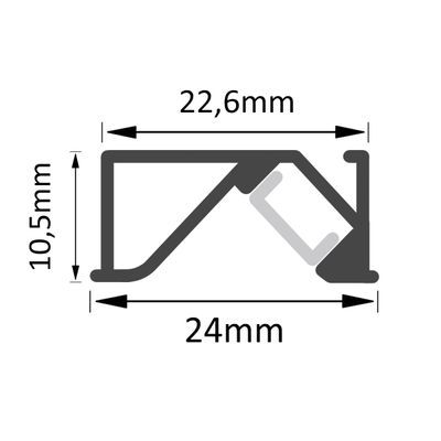 Teknisk ritning: tvärsnitt av LED-profil med måtten - bredd 24 mm, höjd 10,5 mm, invändig bredd 22,6 mm - för precisionsbelysningsinstallation.