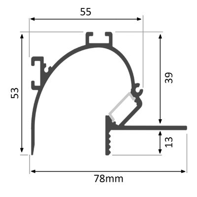 Tvärsnittsdiagram över LED-belysning med måtten: 55 topp, 53 vänster, 39 kurvor, 13 botten. Total bredd 78 mm. Optimerar LED-butiken för SEO.