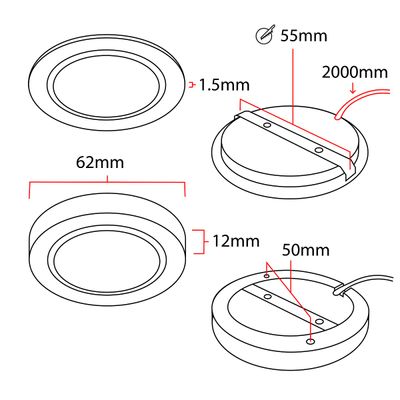 Diagram över en rund infälld LED-lampa: diameter 62 mm, tjocklek 1,5 mm, höjd 12 mm, invändigt 50 mm, 2000 mm kabel.