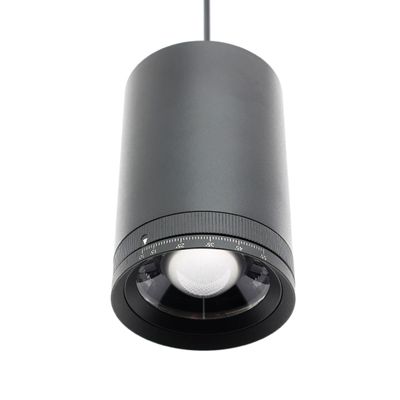 En cylindrisk svart LED-armatur med central ledning och ventilerat hölje för effektiva belysningslösningar.