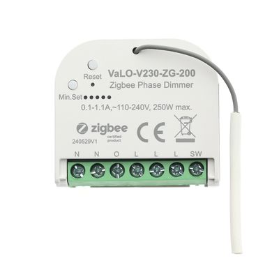 Zigbee-certifierad fasdimmer VaLO-V230-ZG-200, liten vit design, grå återställningsknapp och flera gränssnittsportar för styrning av LED-belysning.