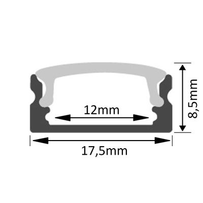Tvärsnittsritning av en packning med måtten: 17,5 mm bredd, 8,5 mm höjd och 12 mm invändig spalt - perfekt för LED-belysningsinstallationer.