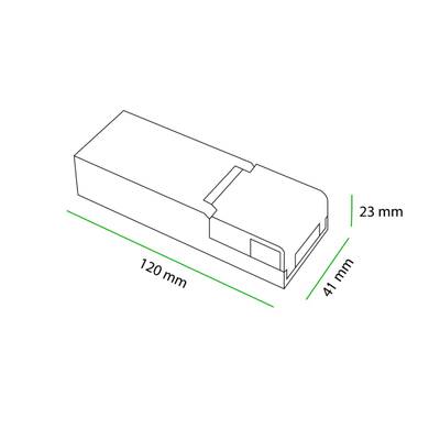 3D-konturritning av en rektangulär LED-lampa, 120 mm x 41 mm x 23 mm, idealisk för butiksbelysning och belysning av kompakta utrymmen.