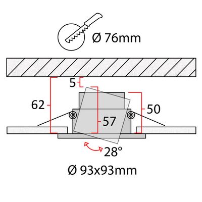 Tekniskt diagram för infälld LED-ljusinstallation: 28° lutning, 80 mm borrstorlek, 95x95 mm armaturmått. Inkluderar effektiva belysningslösningar.