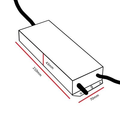 Schematisk bild av ett rektangulärt objekt på 210 mm x 43 mm x 70 mm, perfekt för att visualisera LED-belysningens dimensioner och installationsutrymmen.