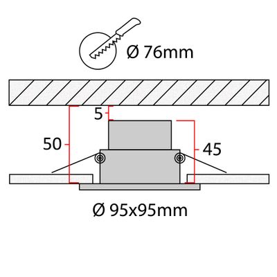 Teknisk ritning av en kvadratisk infälld LED-armatur: diameter 95 mm, djup 55 mm och bländaröppning 78 mm.
