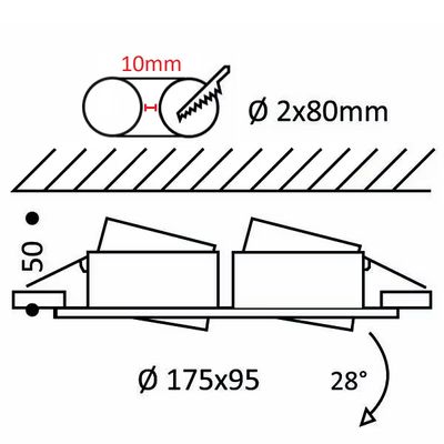 Tekniskt diagram över LED-belysningskomponenter: cylindriska delar, mått (10 mm, diameter 2x80 mm, 175x95) och 28° lutning med mått.