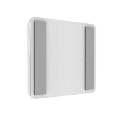 Platt fyrkantig vit LED-panelarmatur med två vertikala grå accenter på sidorna, på en minimalistisk vit bakgrund. Perfekt för moderna belysningslösningar.