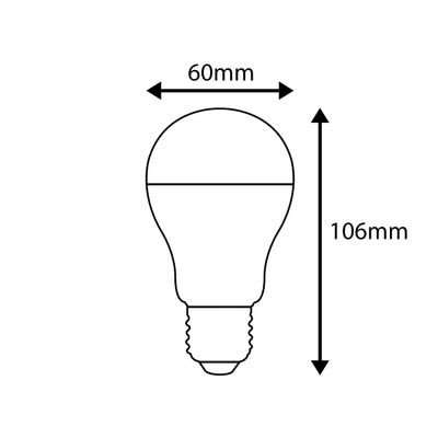 Linjeteckning av en LED-lampa, 60 mm bred och 106 mm hög, idealisk för energieffektiva belysningslösningar. Perfekt för hem och företag.