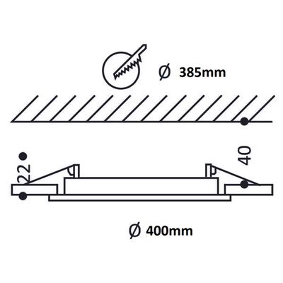 Tekniskt diagram för den runda LED-lampan: diameter 400 mm, infälld 40 mm, infästning 22 mm, taköppning 385 mm.