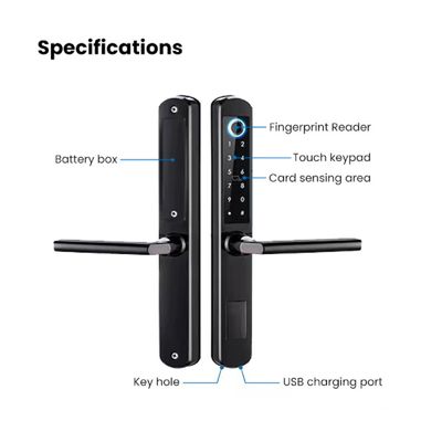Smart dörrlås med fingeravtrycksläsare, touchknappsats, kortläsare, USB-laddningsport, batterifack och nyckelhål.