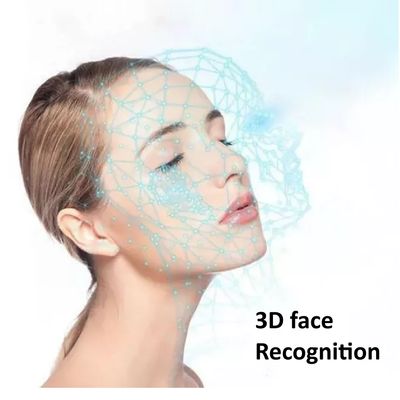 Alternativ text: "Kvinna med slutna ögon och ett 3D-rutnät av ansiktet, som visar ansiktsigenkänning. Texten lyder: "3D Face Recognition".