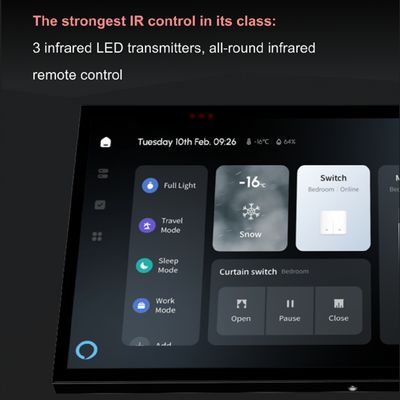 Intelligent kontrollpanel med väderprognos, hemautomationsfunktioner och ljus- och gardinkontroller i en modern LED-belysningsbutik.