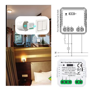 Grafik av Zigbee-switchmodulen, kopplingsschema, sovrumssituation och smart switchinställning för integrering av LED-belysning.