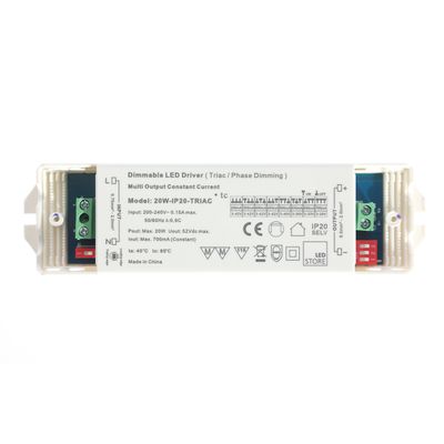 Diagram över åtta LED-inställningar med on/off-omkopplare, 250mA-700mA ström, 3-42V - 3-29V spänning - optimera dina LED-belysningsalternativ.