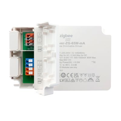 Zigbee-certifierad smart dimbar styrenhet med information på frontpanelen och synliga interna anslutningar, perfekt för LED-belysningssystem och smarta hem.