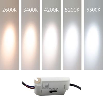 LED-ljuspaneler som visar olika färgtemperaturer, under kontrollbrytaren.