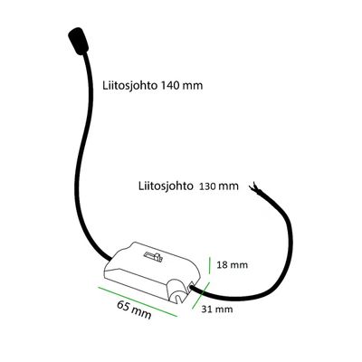 LED-belysningsschema med två kablar, mått 140 mm, 100 mm och storlek 65x15x15 mm