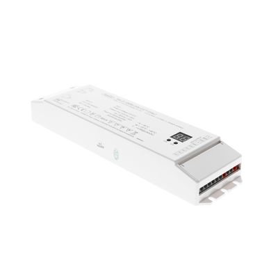 Rektangulär vit LED-styrenhet med flera portar och tryckta specifikationer, perfekt för effektiva LED-belysningsinstallationer.