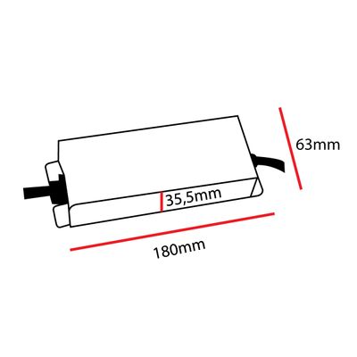 Diagram över LED-belysningsarmatur: längd 180 mm, bredd 63 mm, höjd 35,5 mm, två kablar i vardera änden för anslutning.