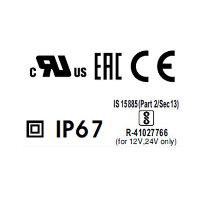 Symboler för överensstämmelse som indikerar IP67-, EAC- och CE-certifiering av enheten.