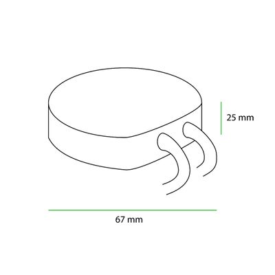 Diagram över en cylindrisk LED med två kablar, markerad på 25 mm höjd och 67 mm längd - perfekt för högkvalitativ belysning. Besök vår butik för fler alternativ!