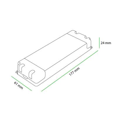 3D-linjeritning av en rektangulär LED-komponent, mått: bredd 61 mm, längd 177 mm, höjd 24 mm för energieffektiva belysningslösningar.